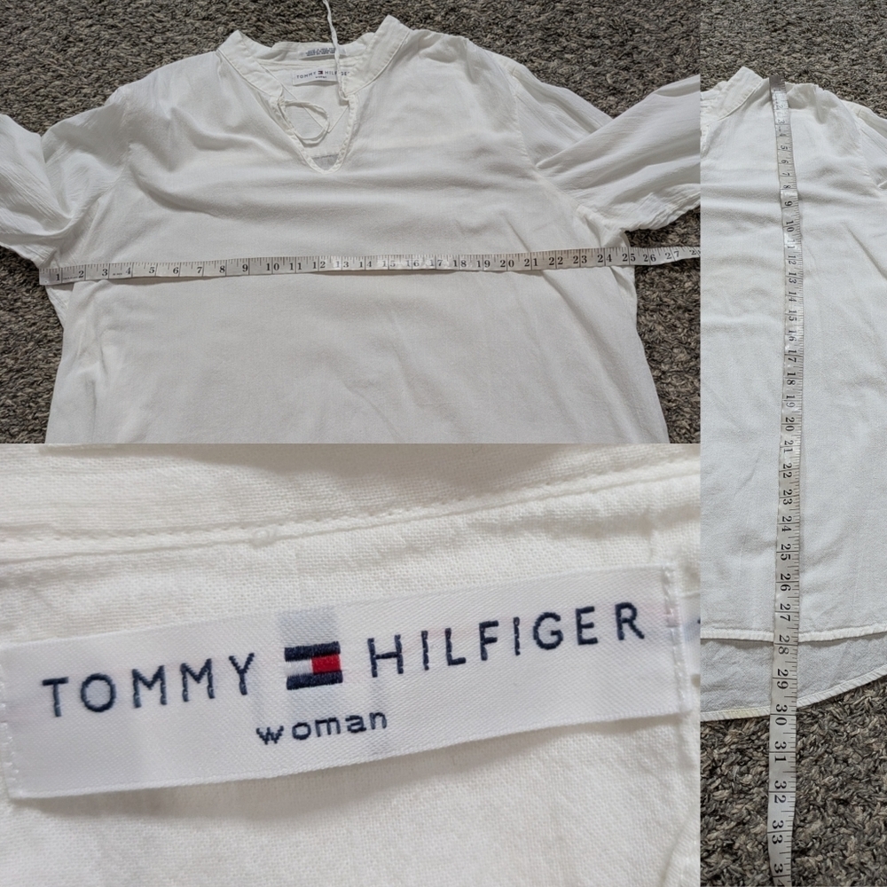 Tommy Hilfiger White Cotton Beachy Long Sleeve Tie Neck Top 18 - Picture 9 of 9